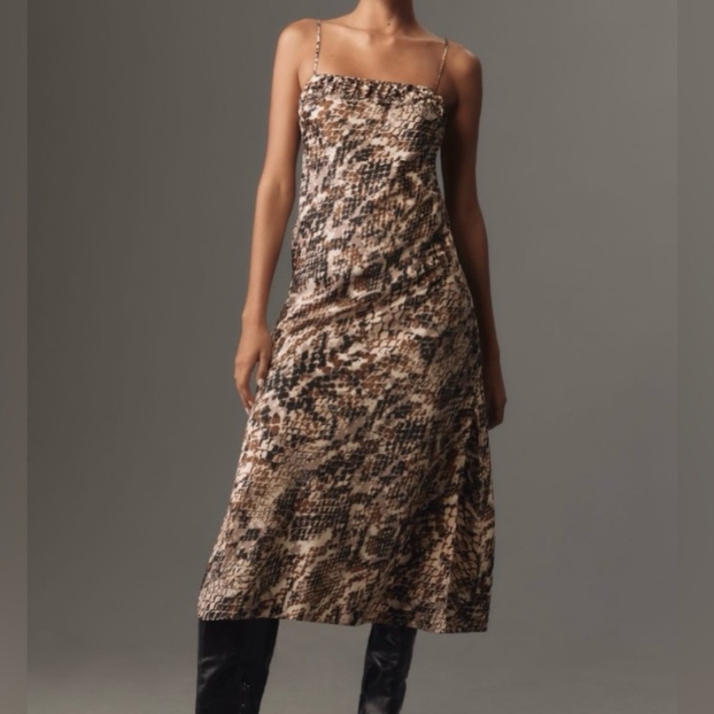 🟠NWT ANTHROPOLOGIE Square Neck Midi Slip Dress in Snake Print SMALL